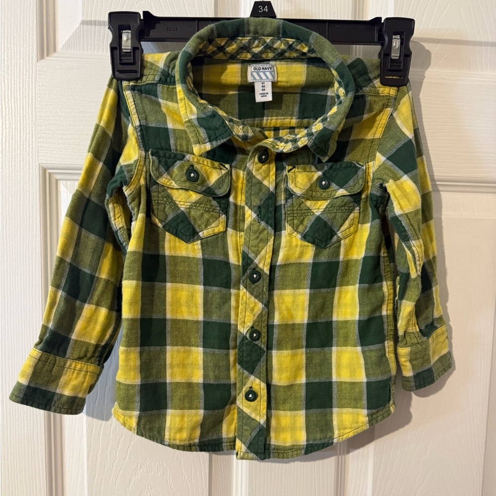 Old Navy Casual Green and Yellow Plaid Kids Button Down Shirt 4t long sleeve boy